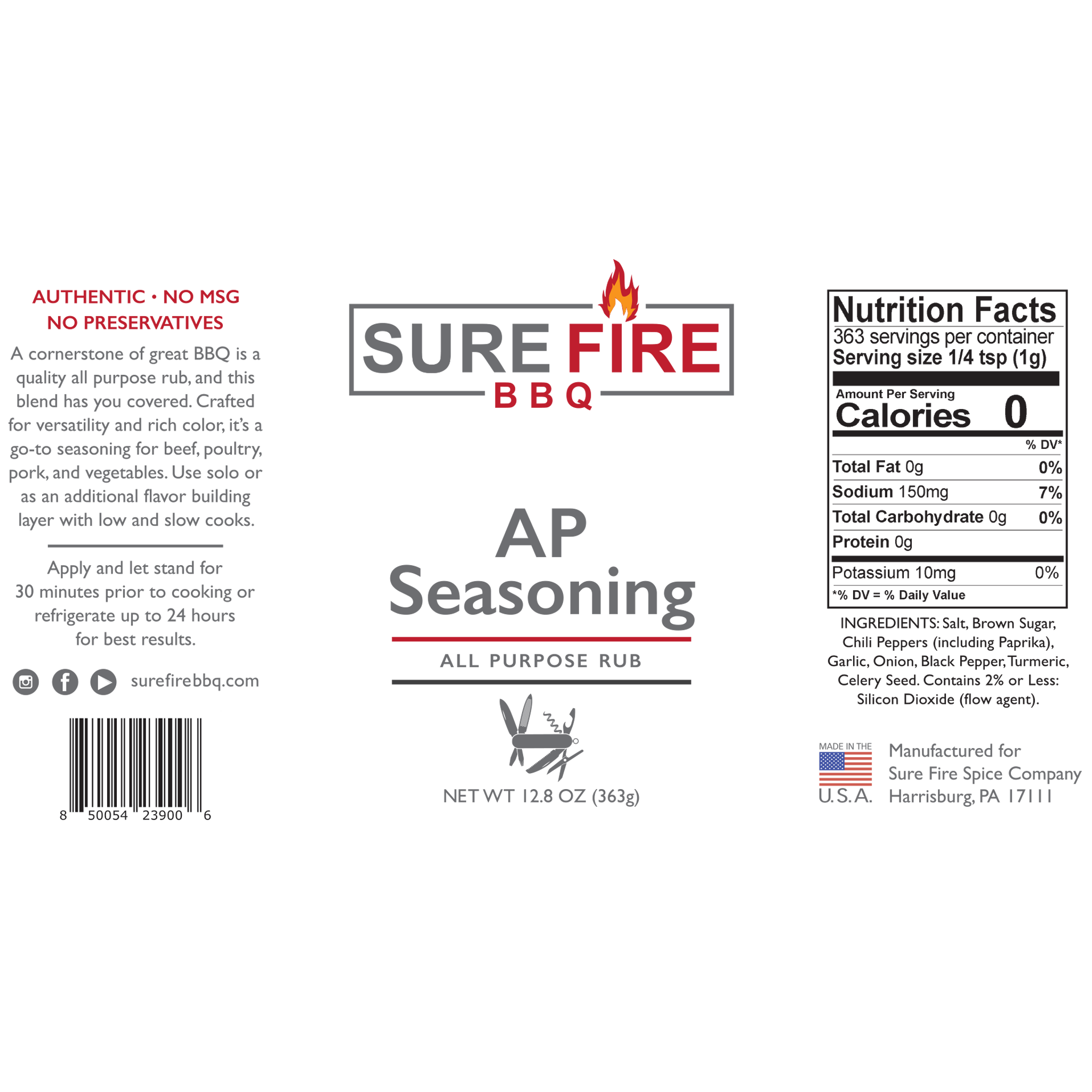 The label of Sure Fire BBQ AP Seasoning, featuring nutritional information, ingredients, and product description. The label highlights the all-purpose rub's versatility for beef, poultry, pork, and vegetables, with no MSG or preservatives.