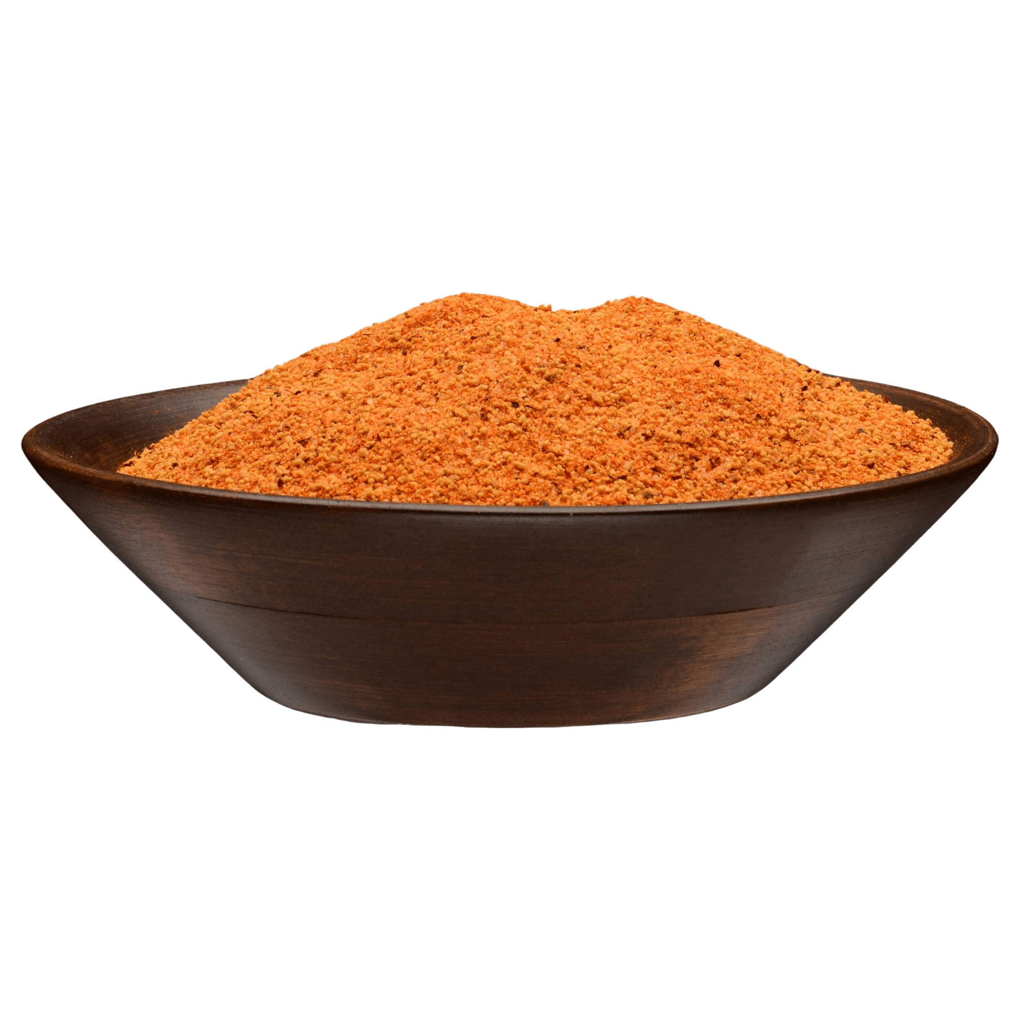 A wooden bowl filled with Sure Fire BBQ AP Seasoning, displaying the rich orange color and fine texture of the all-purpose barbecue rub.