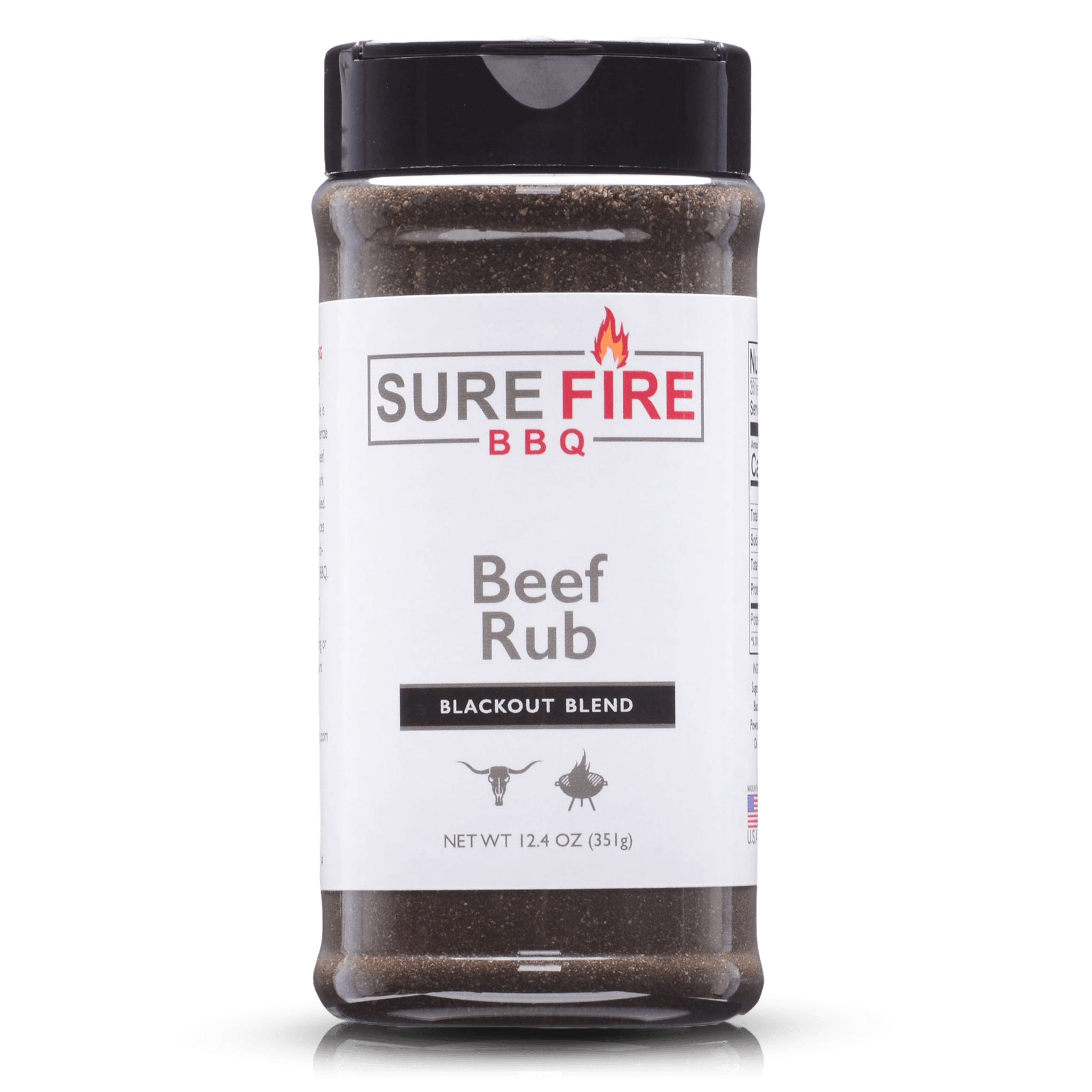 A bottle of Sure Fire BBQ Beef Rub Blackout Blend, 12.4 oz, featuring a black cap and a white label with red and gray text, designed for enhancing beef flavor.
