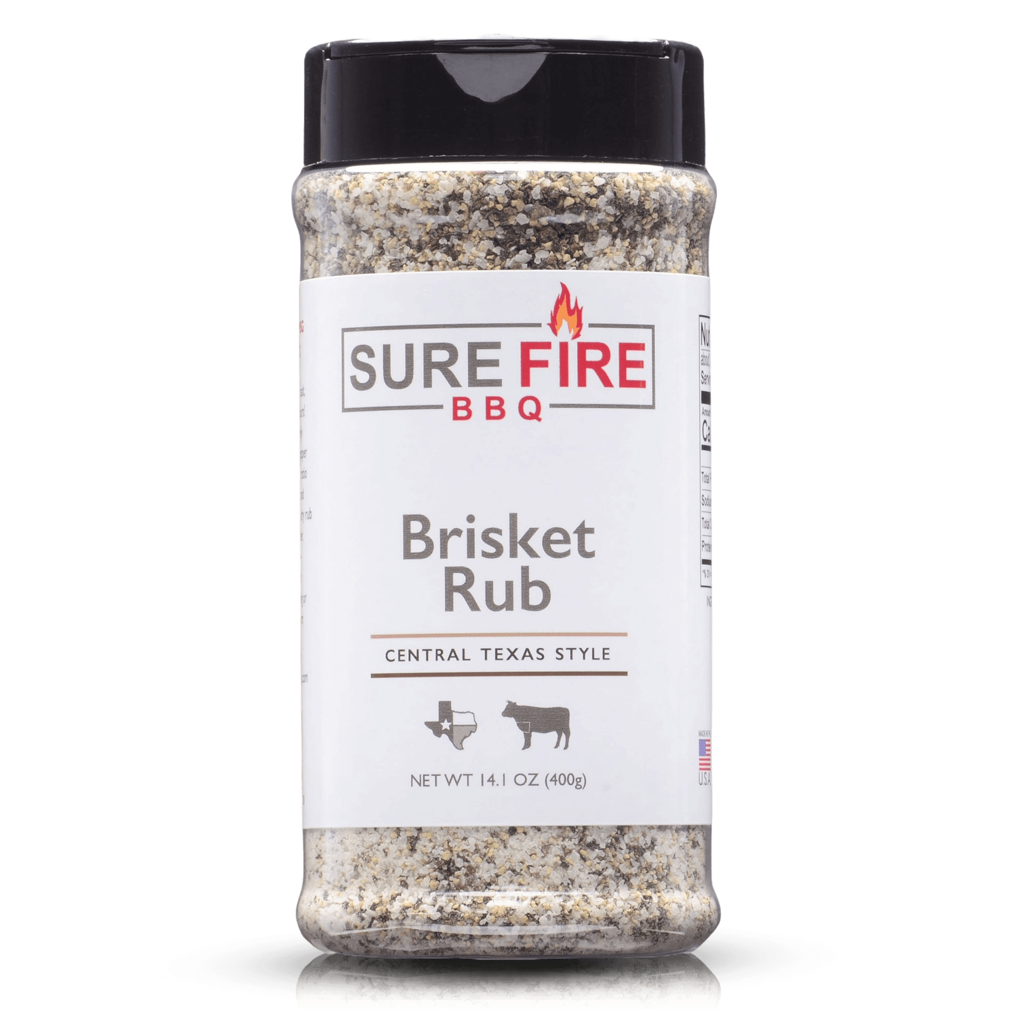 A bottle of Sure Fire BBQ Brisket Rub, Central Texas Style, 14.1 oz, featuring a black cap and a white label with red and gray text, ideal for seasoning brisket with a classic salt and pepper blend.