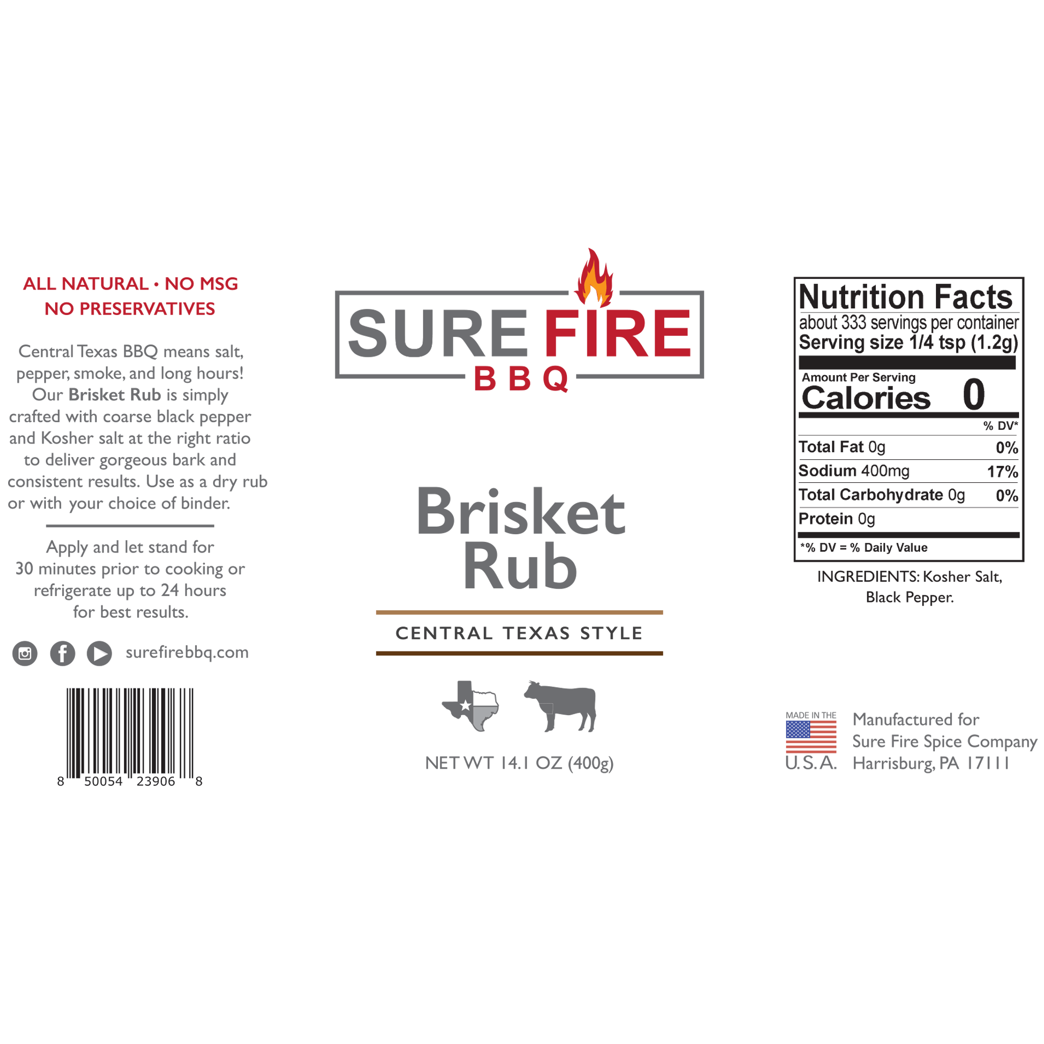 The label of Sure Fire BBQ Brisket Rub, Central Texas Style, featuring nutritional information, ingredients, and product description, emphasizing its all-natural, no MSG, and no preservatives content.