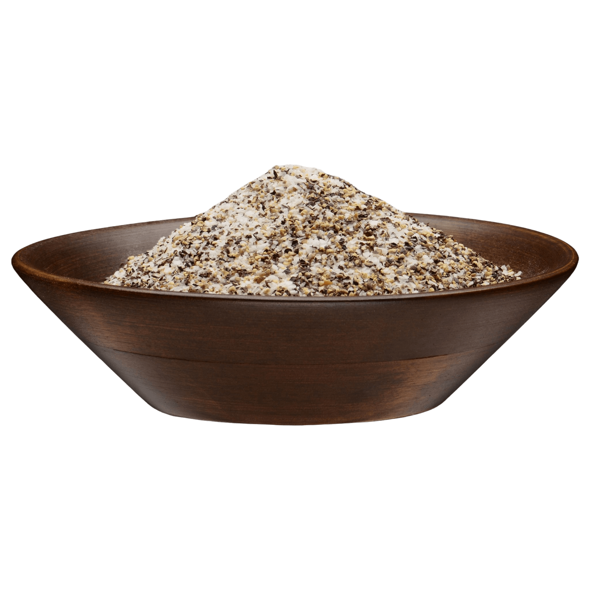 A wooden bowl filled with Sure Fire BBQ Brisket Rub, showcasing the coarse, salt and pepper blend typical of Central Texas-style barbecue.