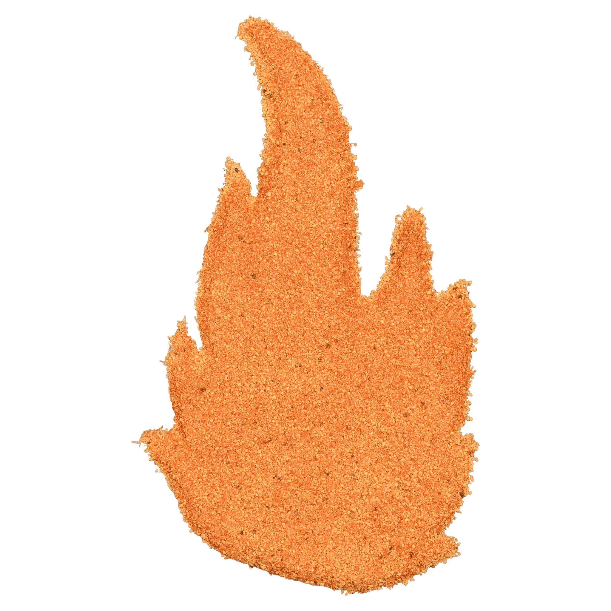 Sure Fire BBQ Sugar Shot candy rub shaped into a flame, showcasing its coarse texture and vibrant color