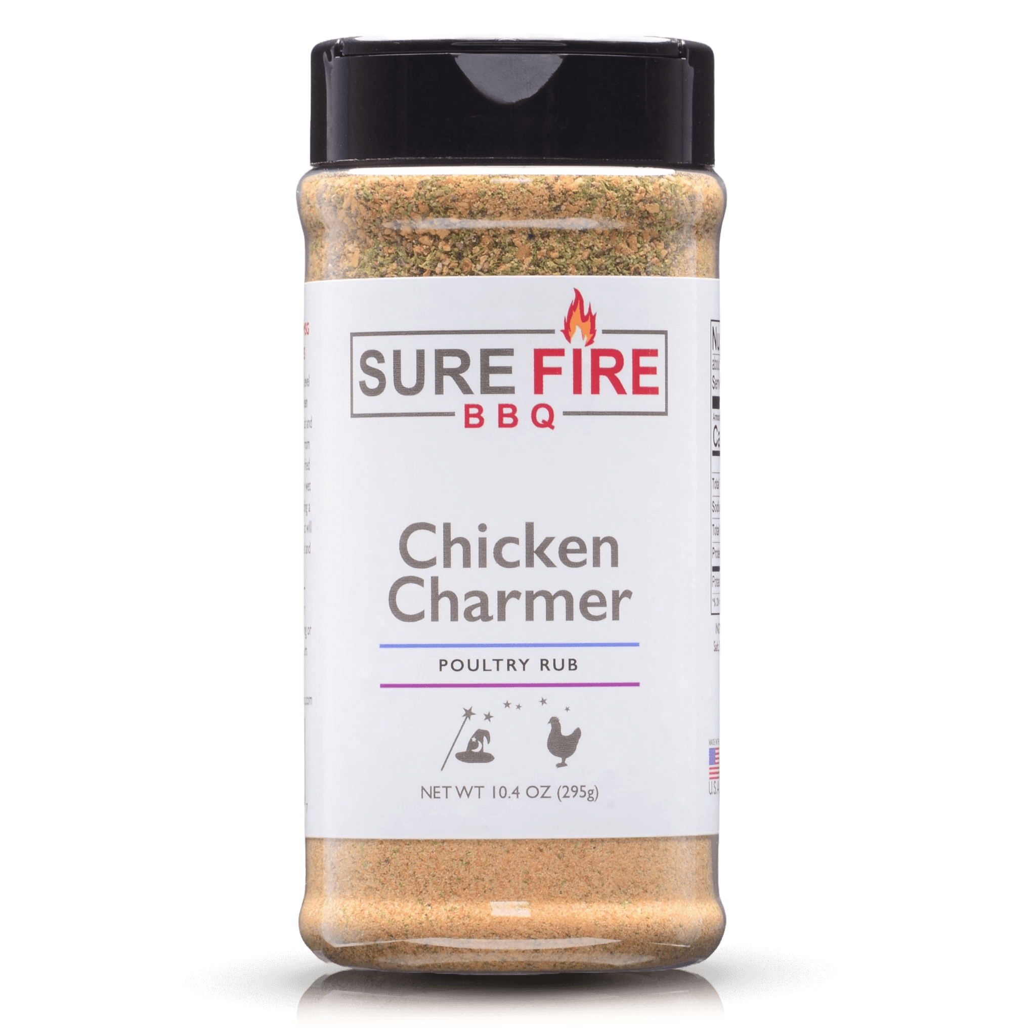 A bottle of Sure Fire BBQ Chicken Charmer Rub, 10.4 oz, featuring a black cap and a white label with red and gray text, designed for enhancing the flavor of poultry dishes.