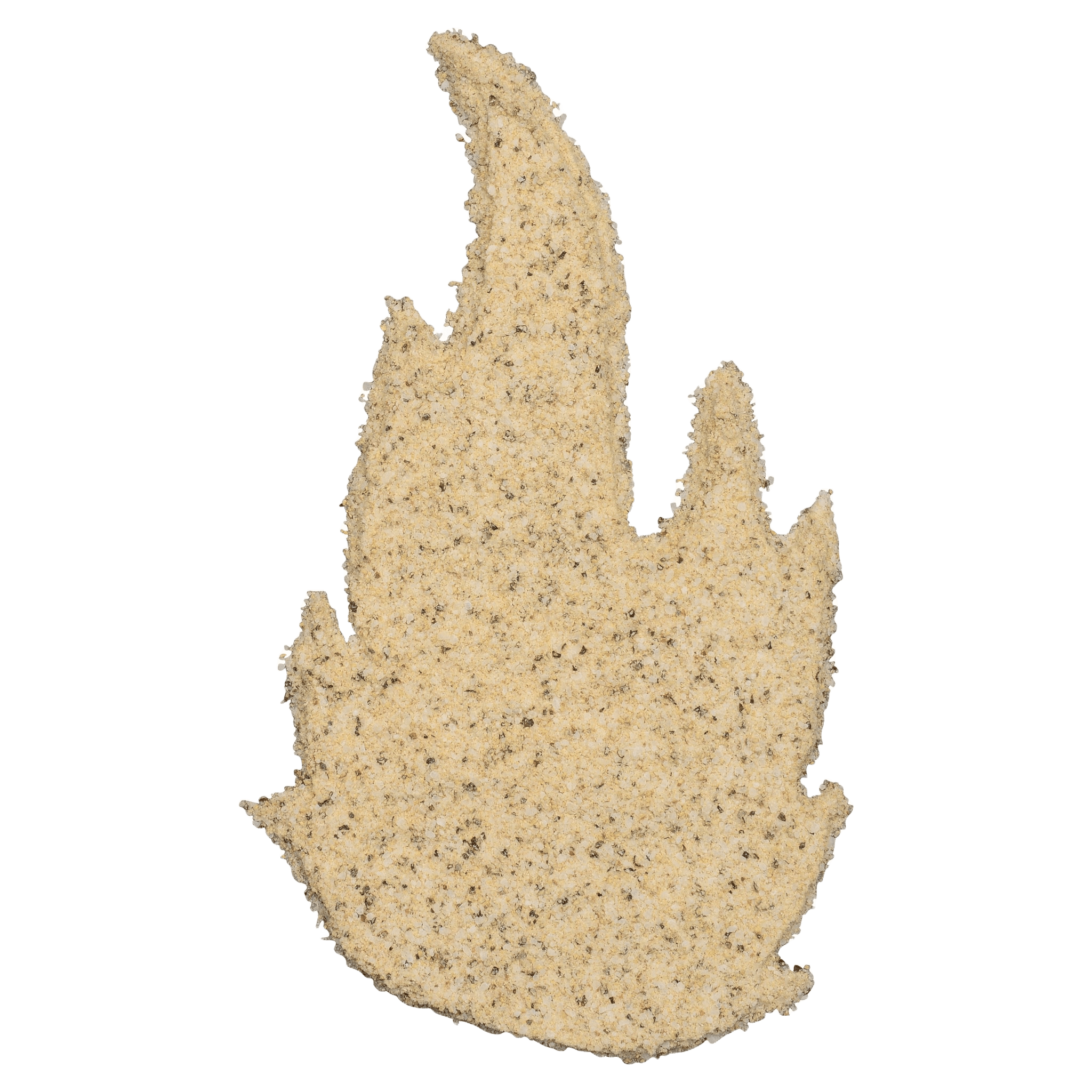 Sure Fire BBQ Fajita Seasoning spread and shaped like a flame, highlighting the light color and coarse texture of the spice blend.