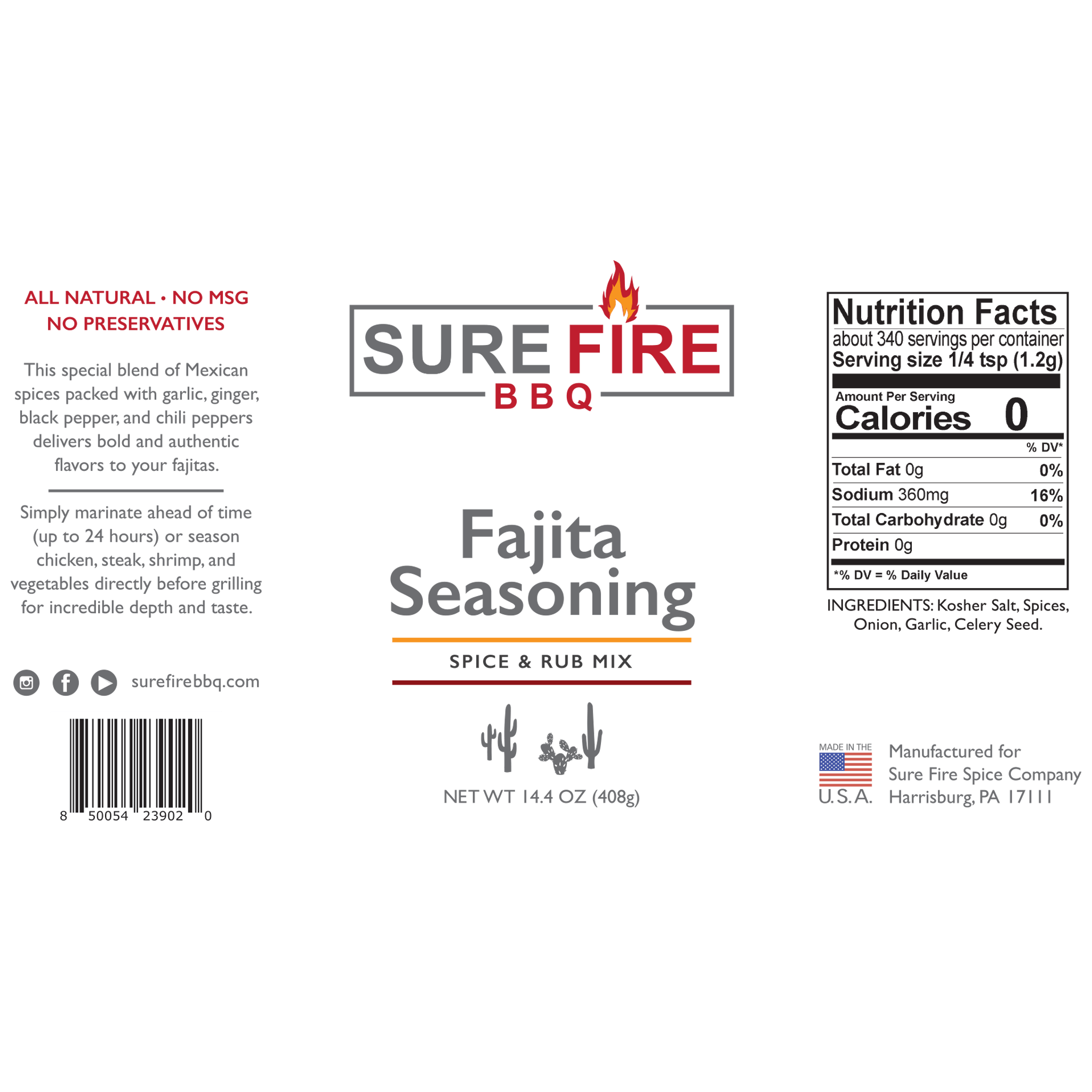 The label of Sure Fire BBQ Fajita Seasoning, featuring nutritional information, ingredients, and product description, emphasizing its all-natural ingredients with no MSG.