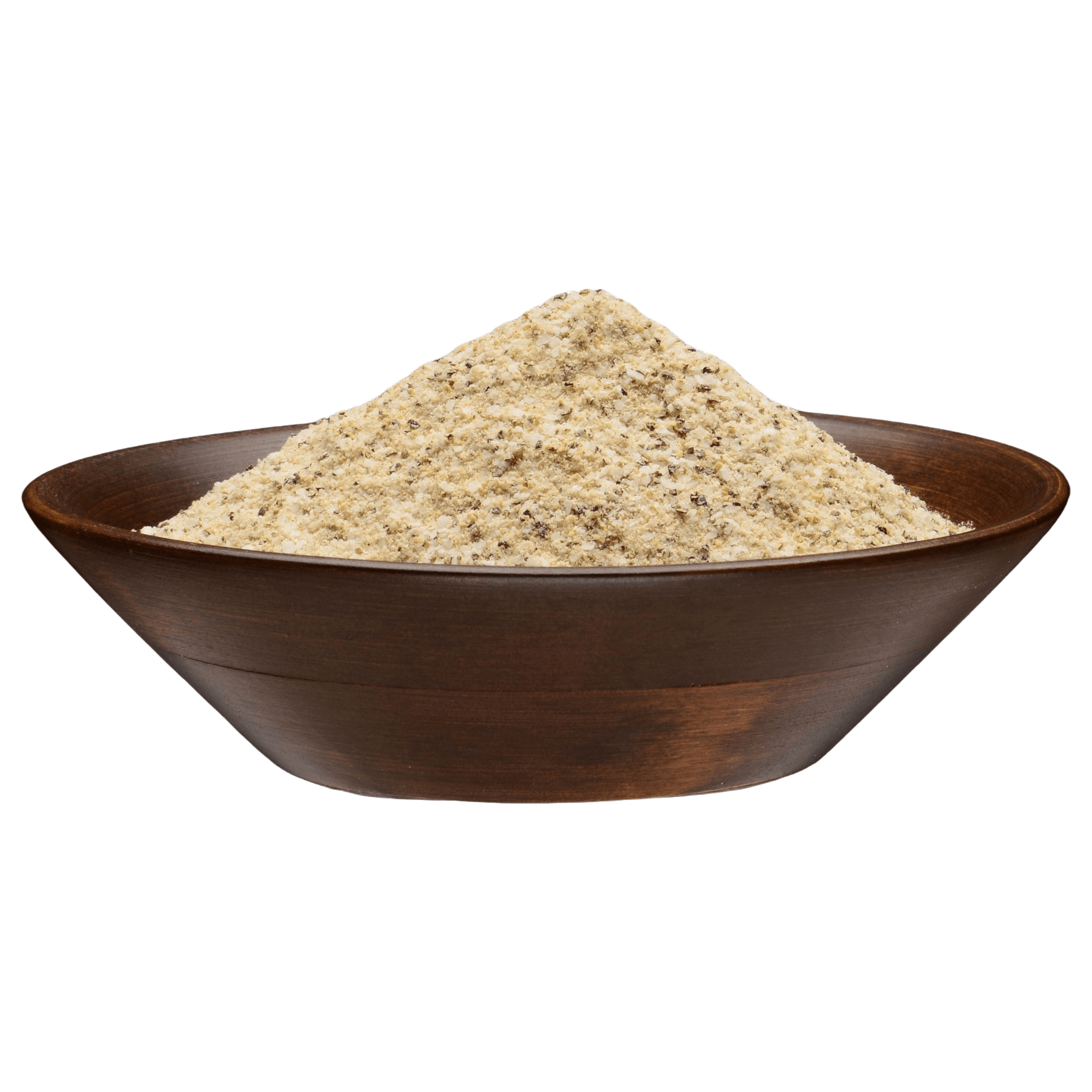 A wooden bowl filled with Sure Fire BBQ Fajita Seasoning, showcasing the coarse texture and light color of the spice and rub mix.