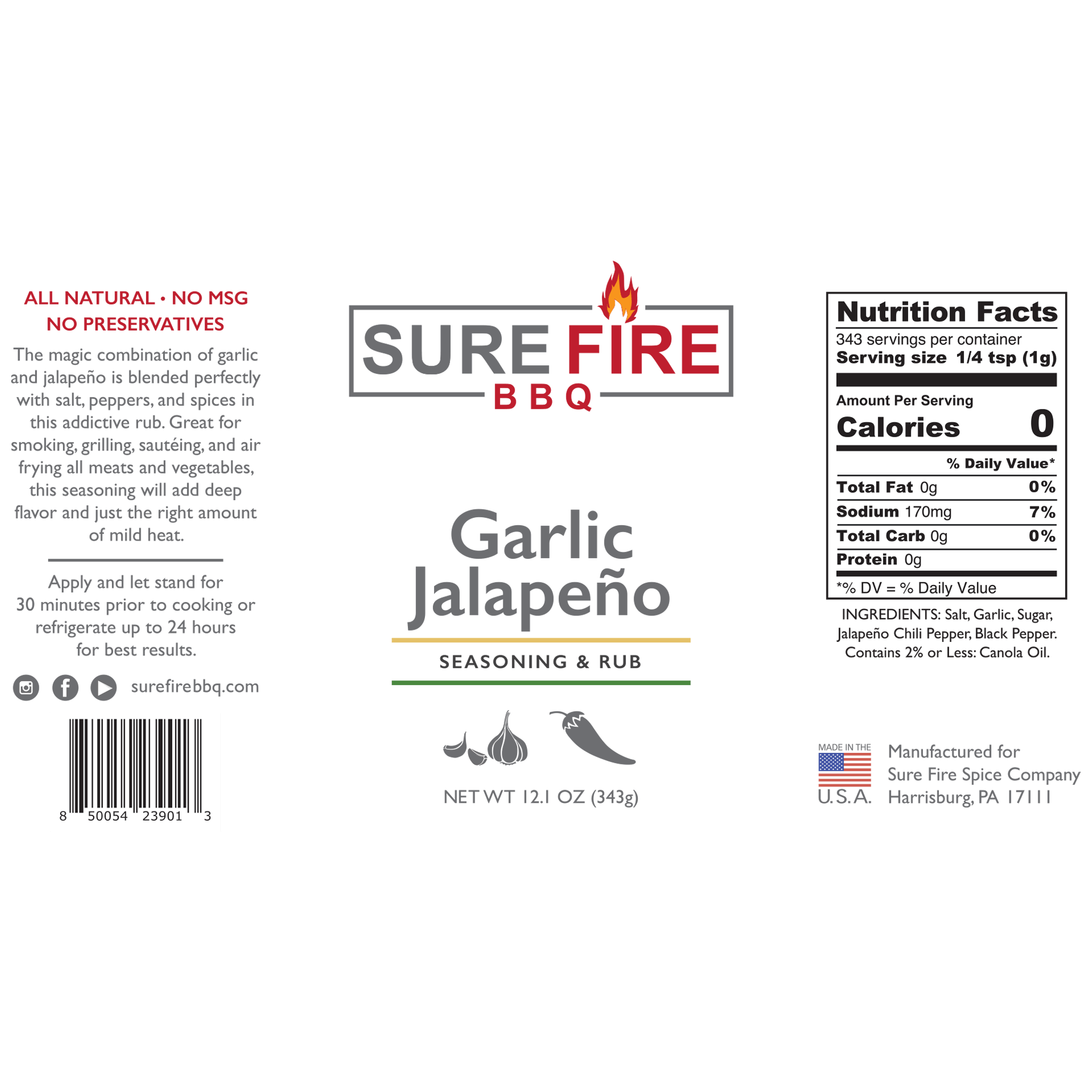 The label of Sure Fire BBQ Garlic Jalapeño Seasoning, featuring nutritional information, ingredients, and product description, emphasizing the all-natural ingredients and the blend's perfect mix of garlic and jalapeño for a mild heat.