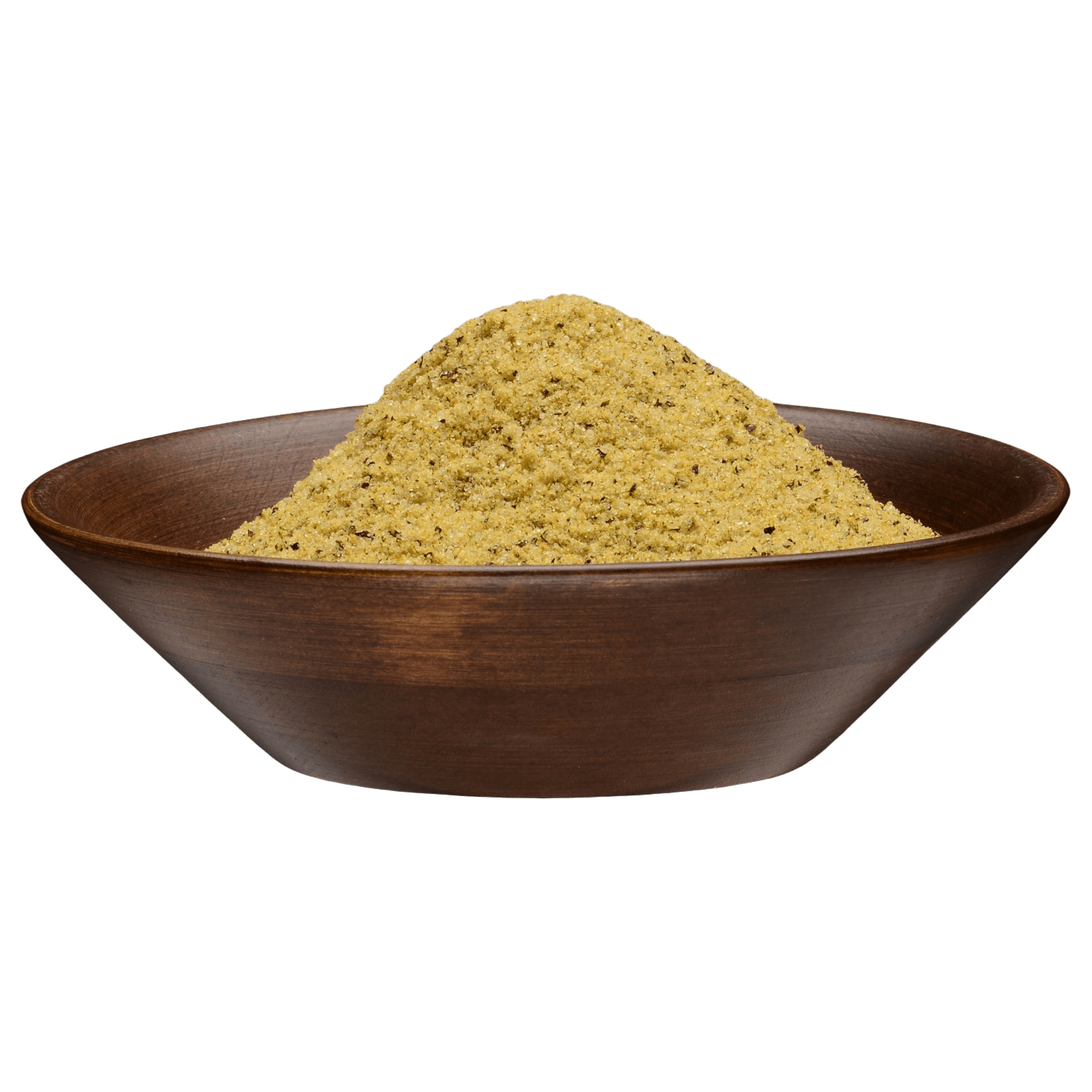 A wooden bowl filled with Sure Fire BBQ Garlic Jalapeño Seasoning, displaying the coarse texture and vibrant, light yellow-green color of the rub mix.