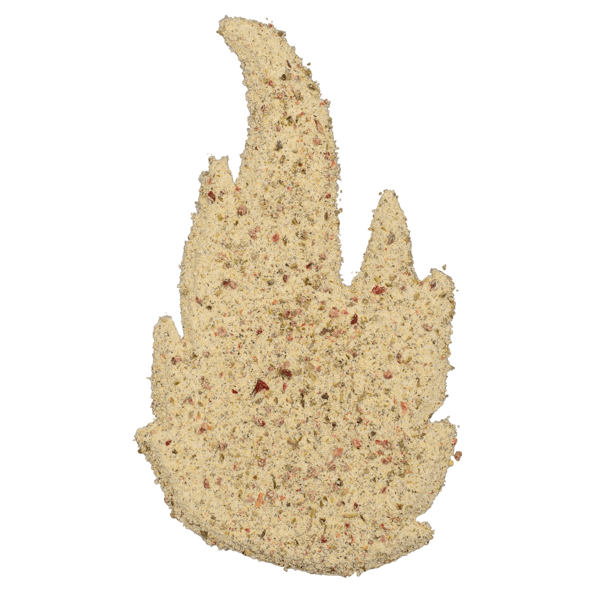 Sure Fire BBQ Lemon Pepper Seasoning spread and shaped like a flame, highlighting the speckled texture with visible bits of lemon peel and cracked pepper.