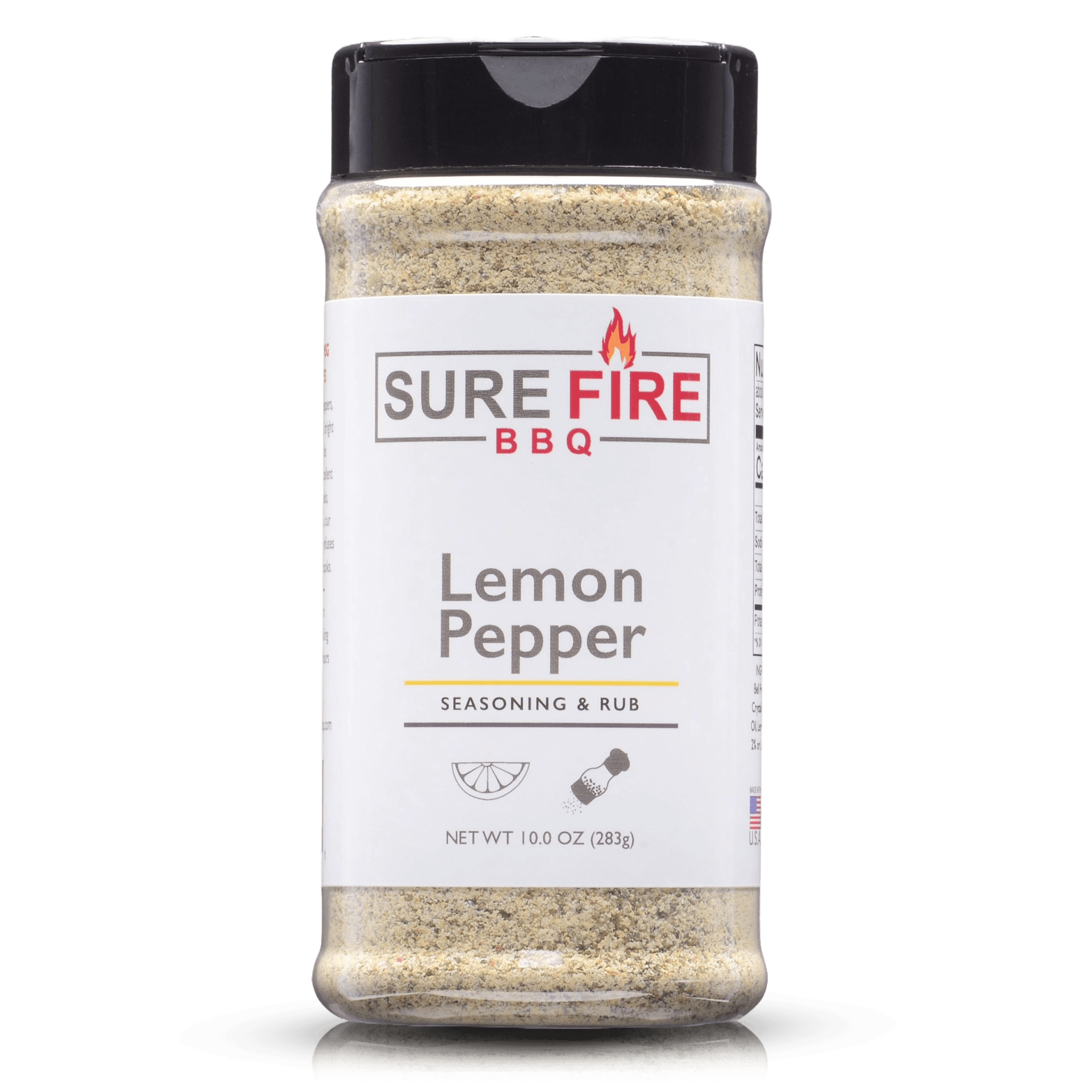 A bottle of Sure Fire BBQ Lemon Pepper Seasoning, 10 oz, featuring a black cap and a white label with red and gray text, designed to add a zesty lemon and pepper flavor to various dishes.