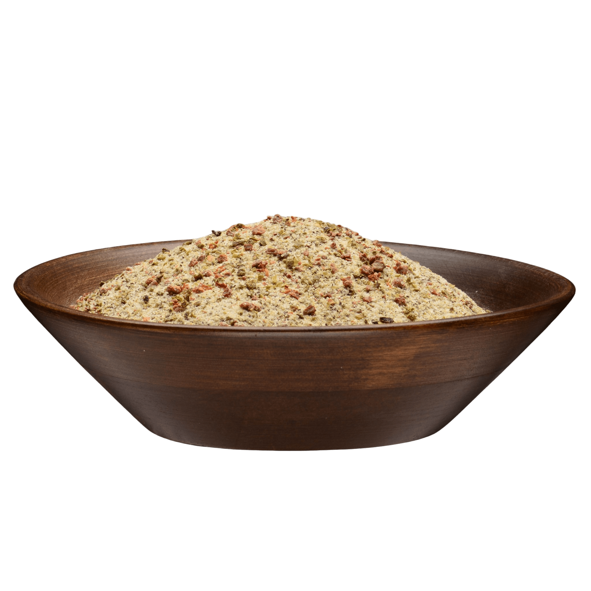 A wooden bowl filled with Sure Fire BBQ Lemon Pepper Seasoning, displaying the coarse texture and vibrant, speckled appearance, perfect for enhancing the flavor of seafood, poultry, and more.