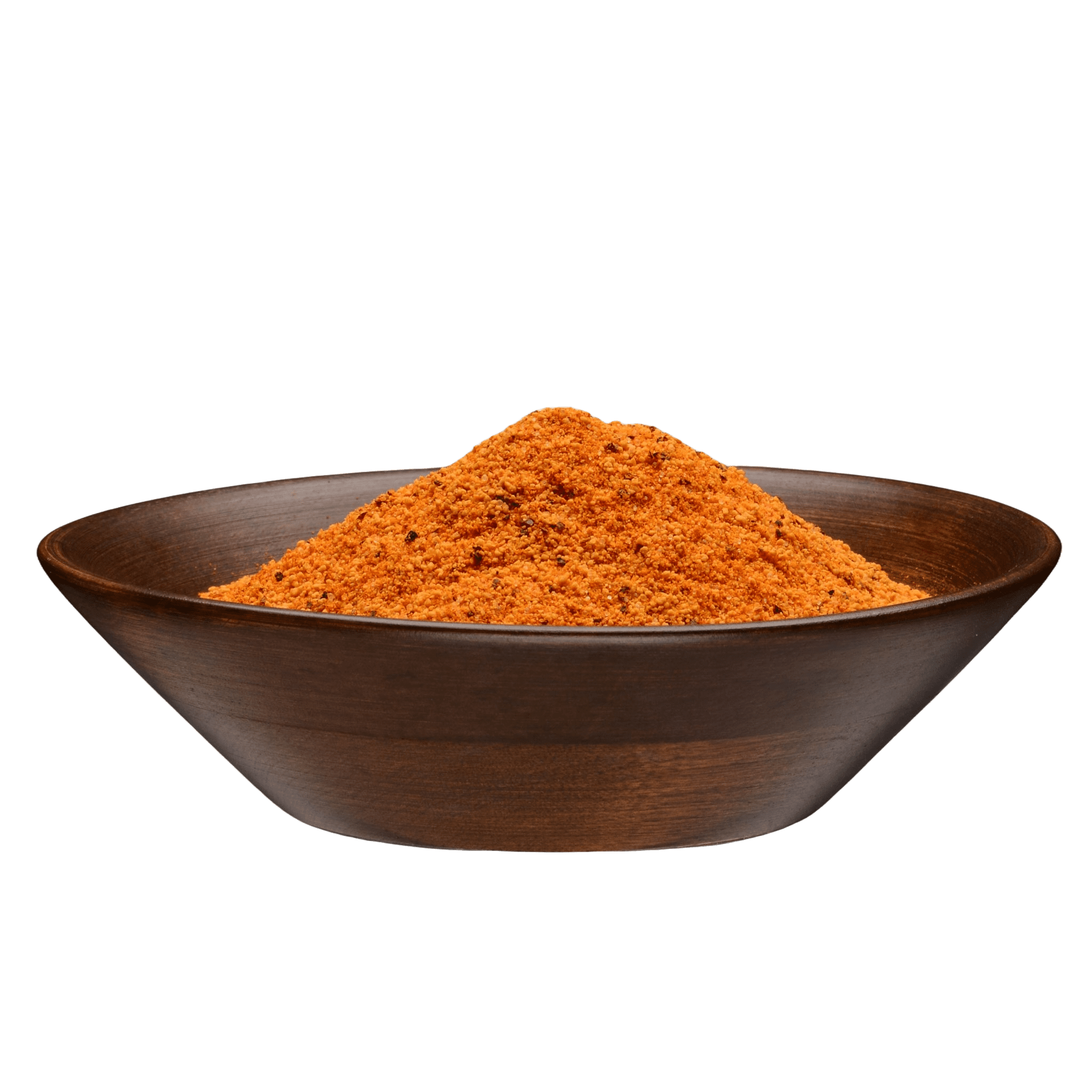 A wooden bowl filled with Sure Fire BBQ Salted Pecan Rub, showcasing the fine texture and warm, orange hue, perfect for enhancing the flavor of meats, seafood, and vegetables.