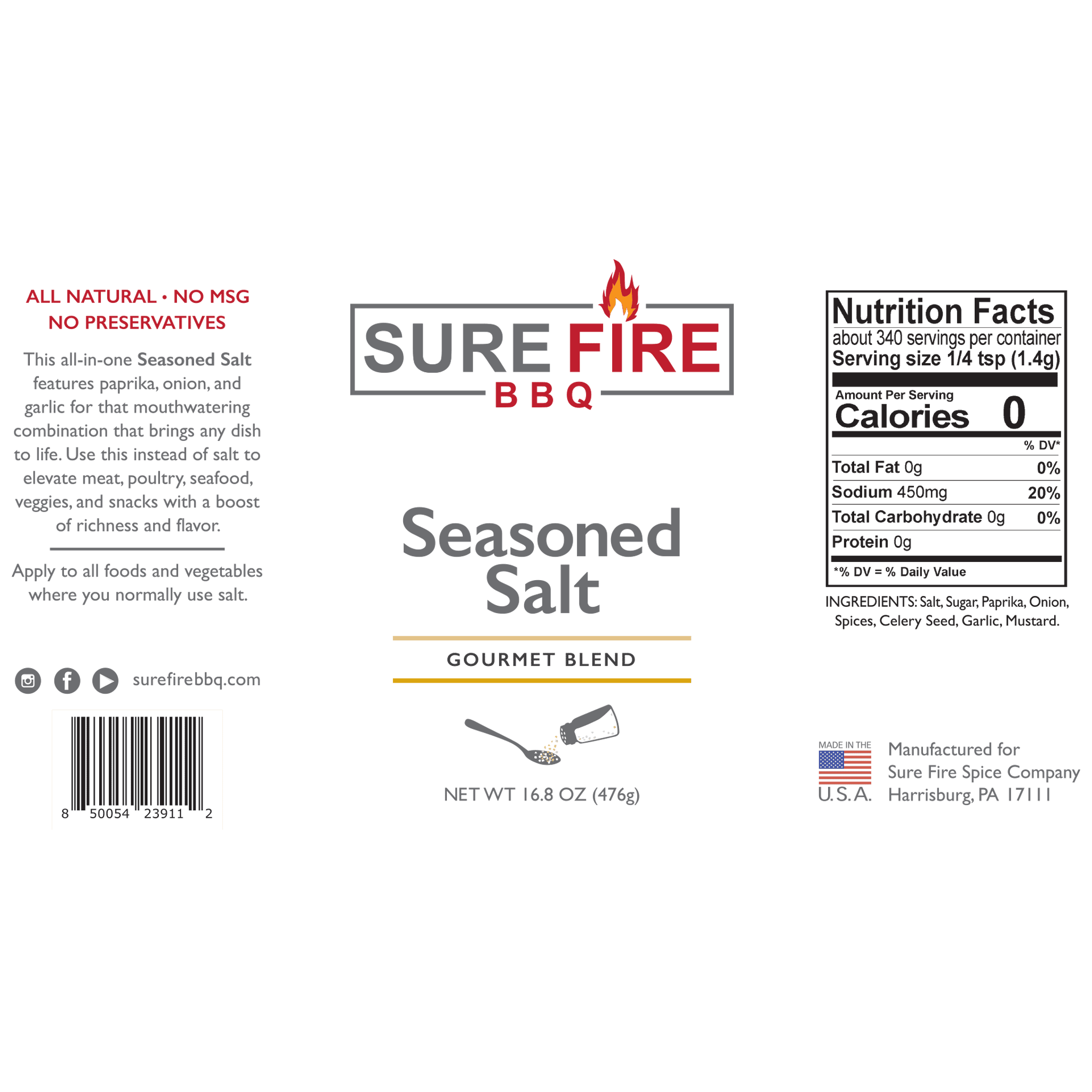 The label of Sure Fire BBQ Seasoned Salt, featuring nutritional information, ingredients, and product description, emphasizing its all-natural ingredients with no MSG.