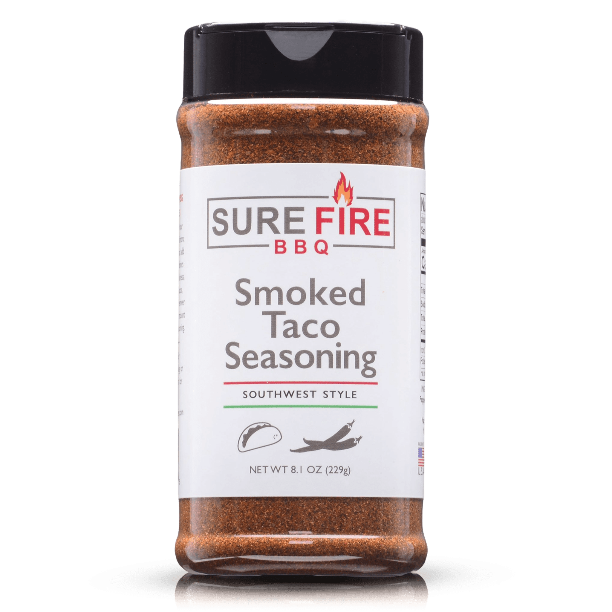 Sure Fire BBQ Smoked Taco Seasoning bottle, Southwest-style blend in an 8.1 oz container.