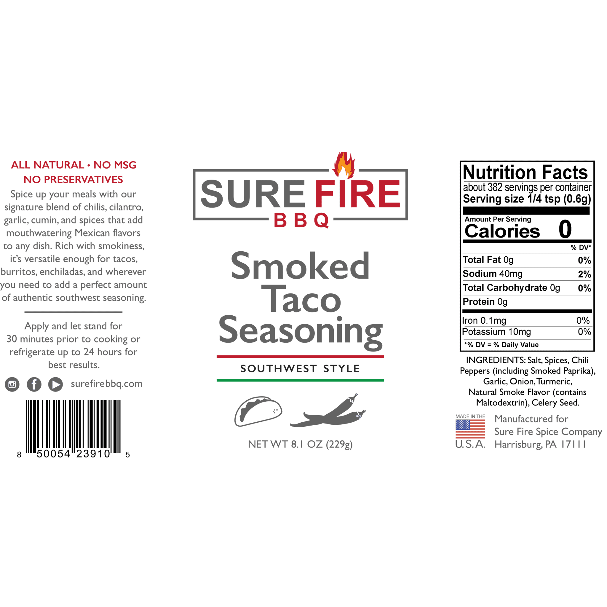 Sure Fire BBQ Smoked Taco Seasoning label, featuring ingredients and product details emphasizing the all-natural ingredients with no MSG. 