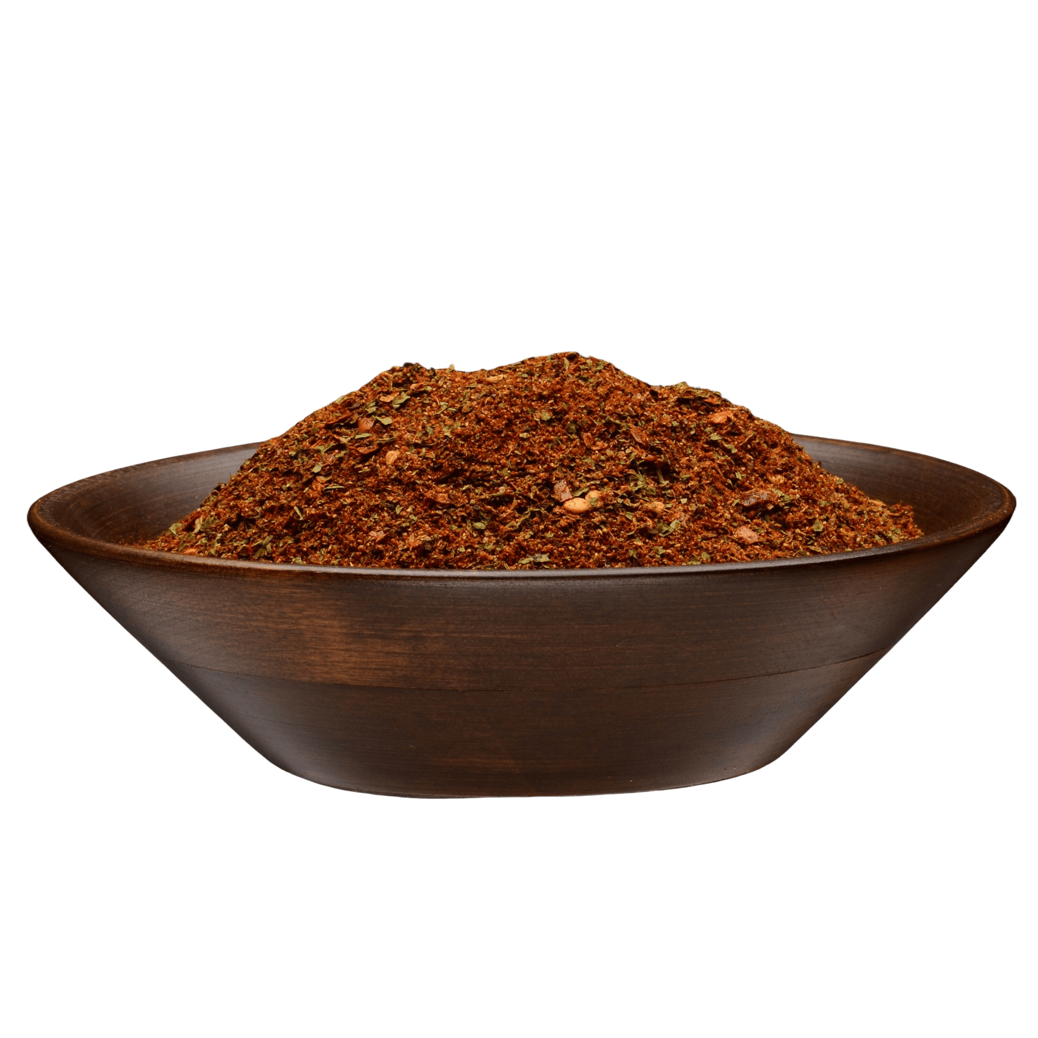 Sure Fire BBQ's Smoked Taco Seasoning in a wooden bowl, showcasing the seasoning's vibrant color and coarse texture.