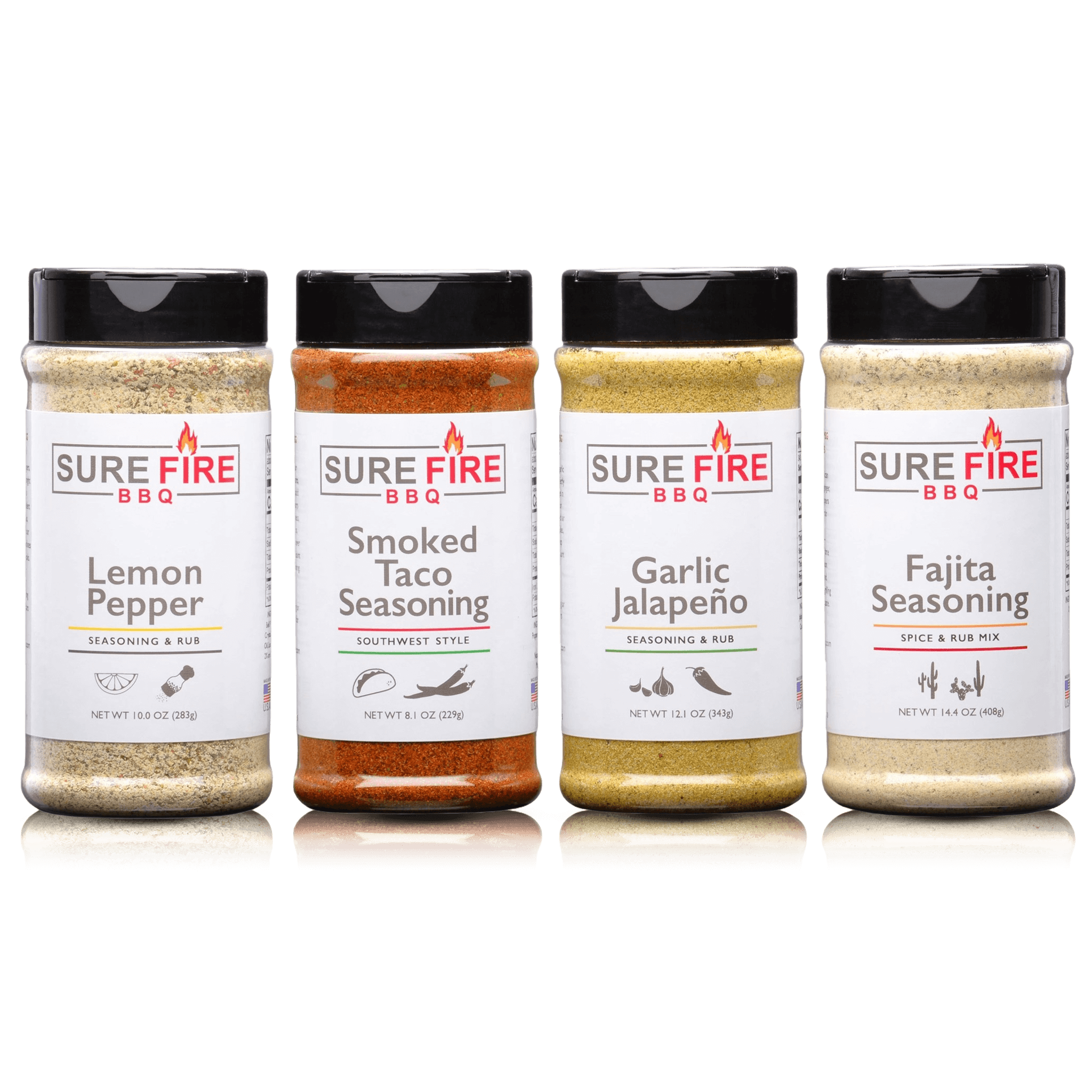 Southwest Pack by Sure Fire BBQ, showing detailed bottles of Lemon Pepper, Smoked Taco, Garlic Jalapeño, and Fajita Seasoning for bold southwest flavors.