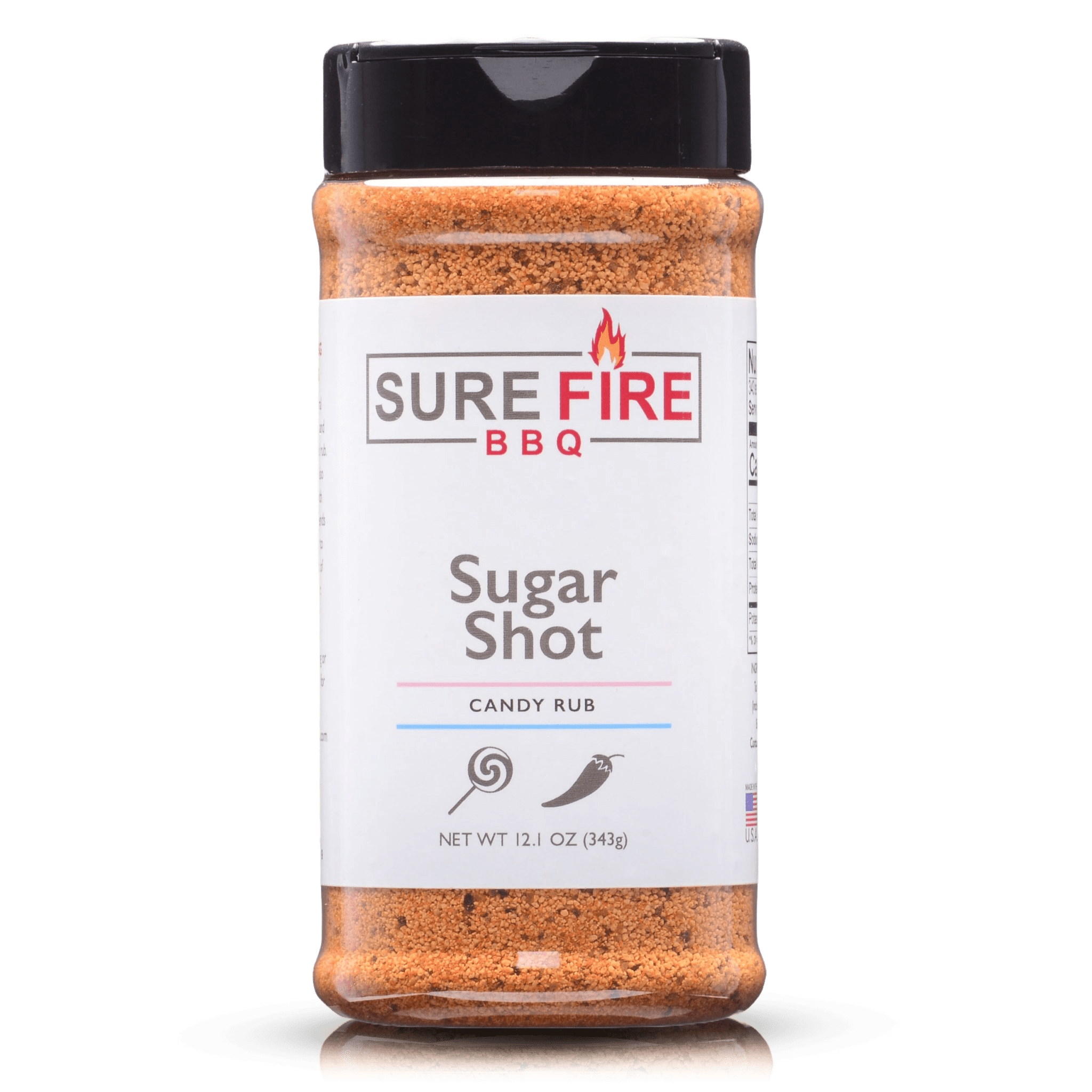 Sure Fire BBQ Sugar Shot candy rub bottle, 12.1 oz, featuring a blend of sugar and spices for a sweet and spicy flavor.