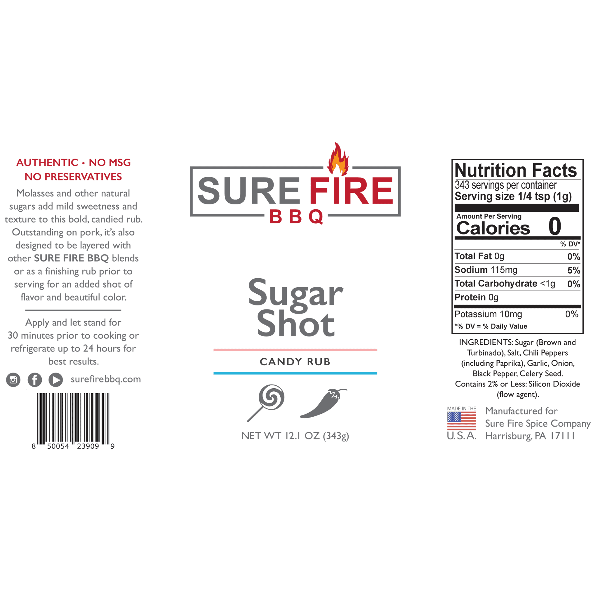 The label of Sure Fire BBQ Lemon Pepper Seasoning, featuring nutritional information, ingredients, and product description, emphasizing no preservatives or MSG.