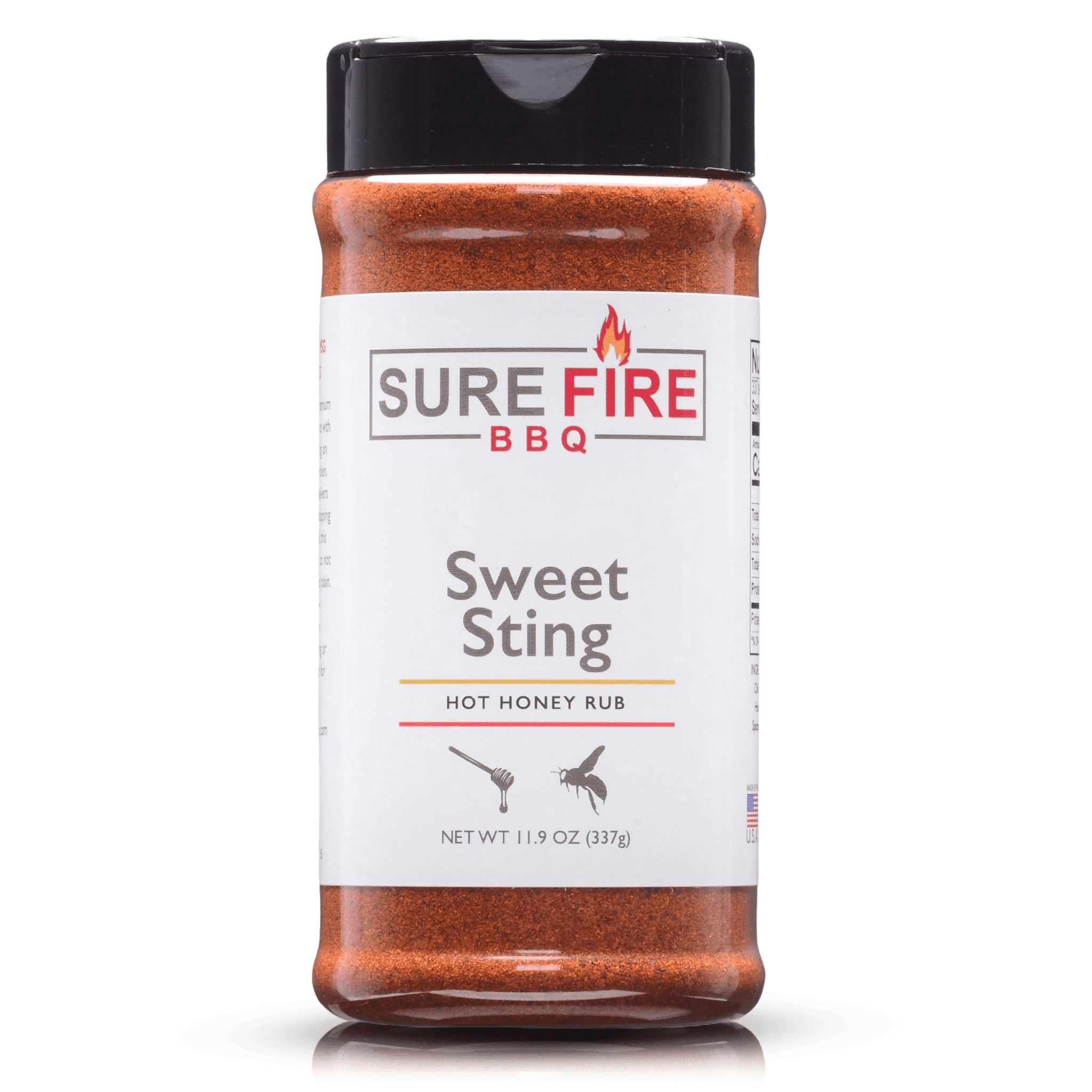 Sure Fire BBQ Sweet Sting Hot Honey Rub in an 11.9 oz bottle, showcasing the front label with the product name and icons of honey dipper and bee.
