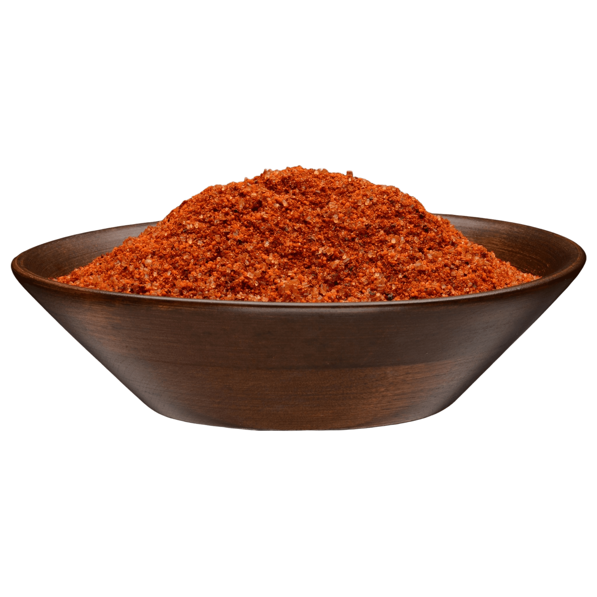 Close-up of Sure Fire BBQ Sweet Sting Hot Honey Rub seasoning in a wooden bowl, showing the coarse texture and vibrant color of the rub.
