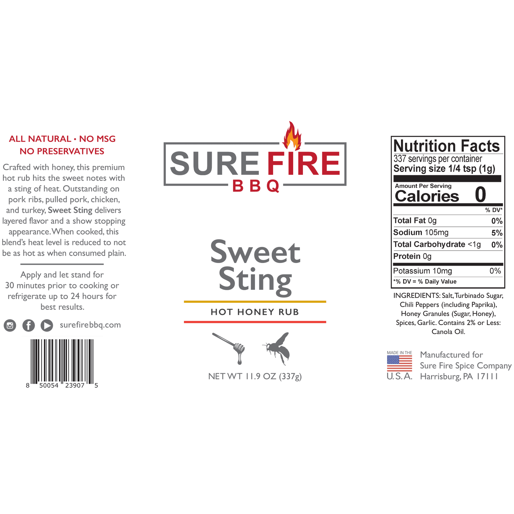 Label and nutritional information for Sure Fire BBQ Sweet Sting Hot Honey Rub, including the product description and ingredients list.