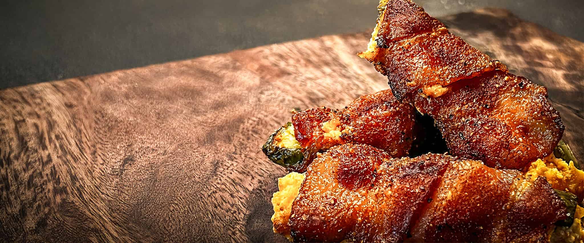 Smoked Jalapeño Poppers resting on a wooden carving board.